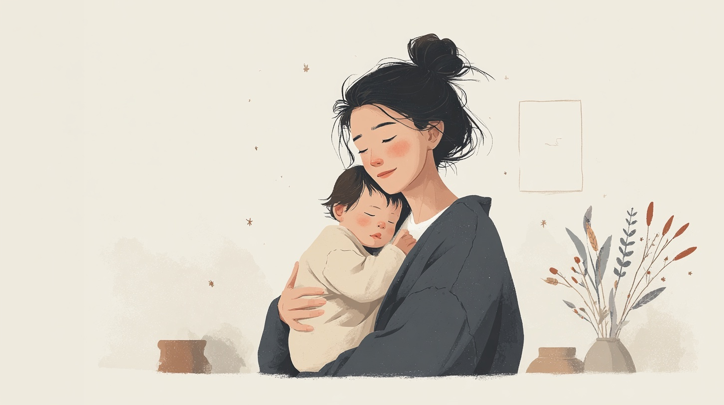 母親抱著熟睡嬰兒的溫柔插畫